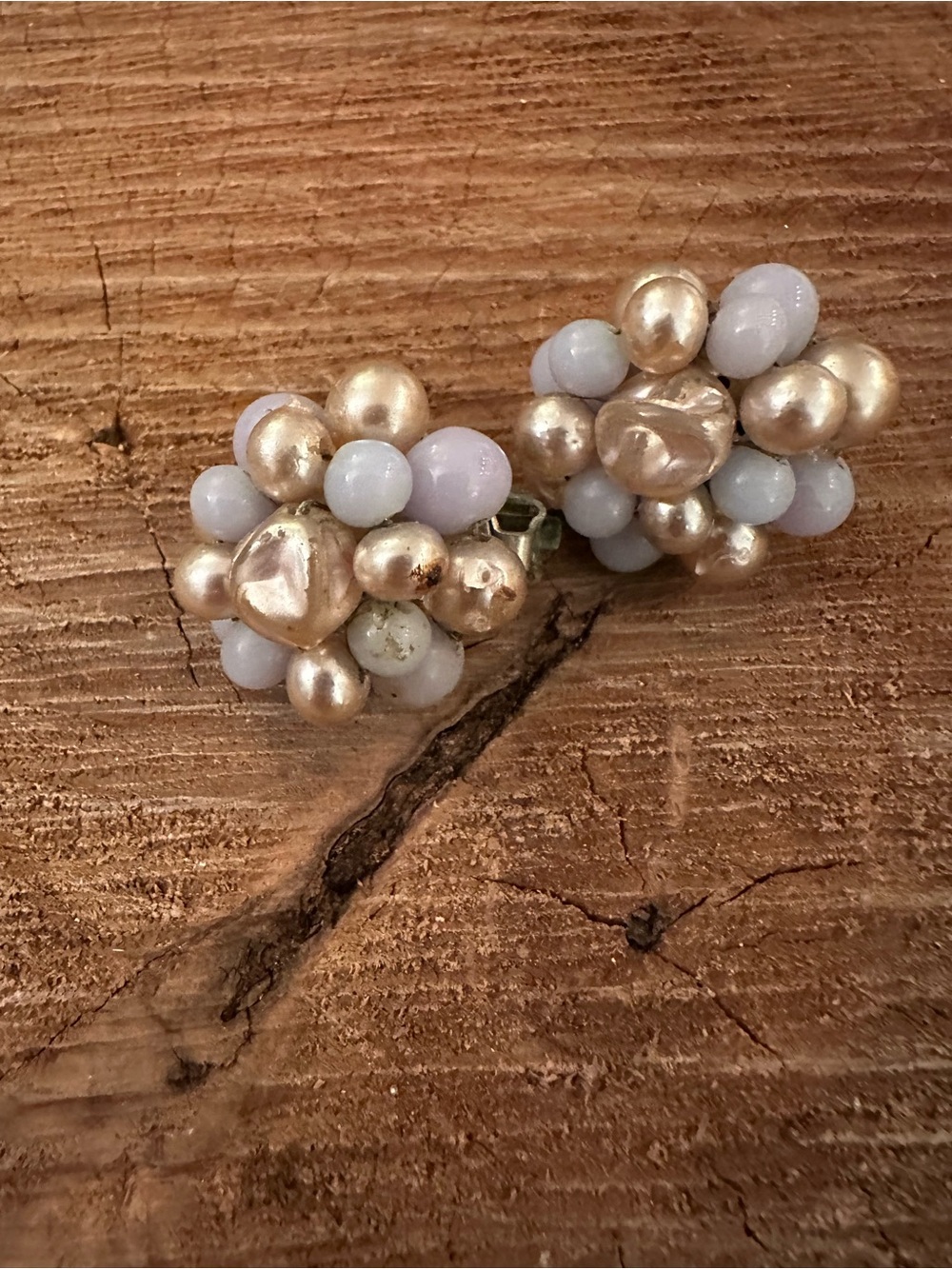 Cluster Bead Clip-On Earrings in Pale Lavender and Champagne